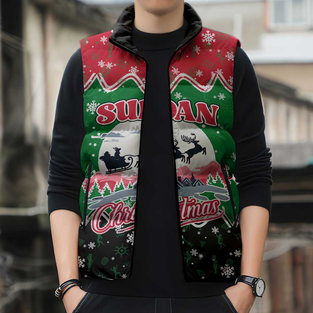 Sudan Christmas Sleeveless Puffer Jacket with Red Green Black Xmas Santa Sleigh and Map - Wonder Print Shop