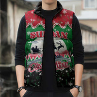 Sudan Christmas Sleeveless Puffer Jacket with Red Green Black Xmas Santa Sleigh and Map - Wonder Print Shop