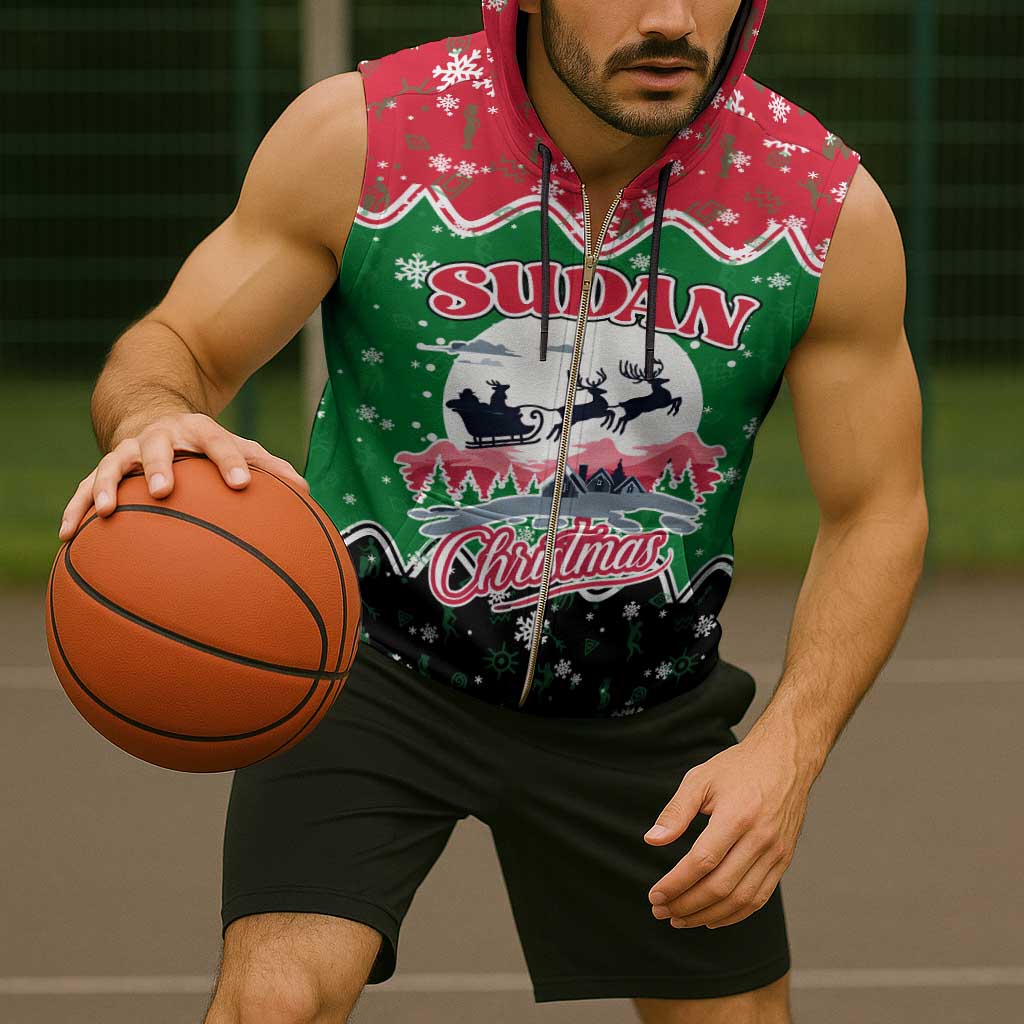 Sudan Christmas Sleeveless Zip Hoodie with Red Green Black Xmas Santa Sleigh and Map - Wonder Print Shop