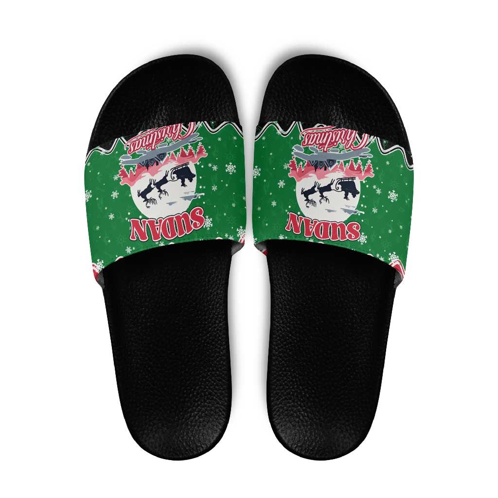 Sudan Christmas Slide Sandals with Red Green Black Xmas Santa Sleigh and Map - Wonder Print Shop