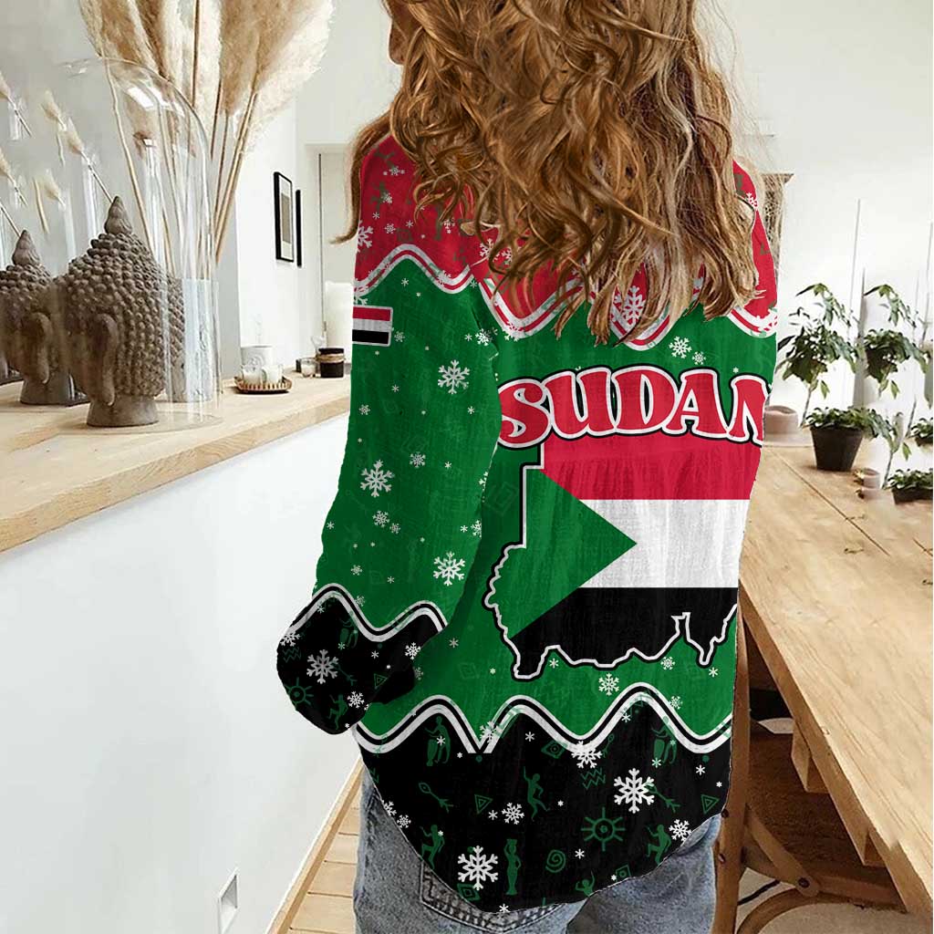 Sudan Christmas Women Casual Shirt with Red Green Black Xmas Santa Sleigh and Map - Wonder Print Shop