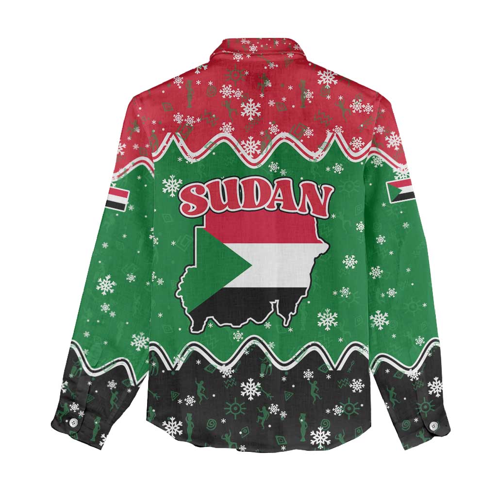 Sudan Christmas Women Casual Shirt with Red Green Black Xmas Santa Sleigh and Map - Wonder Print Shop