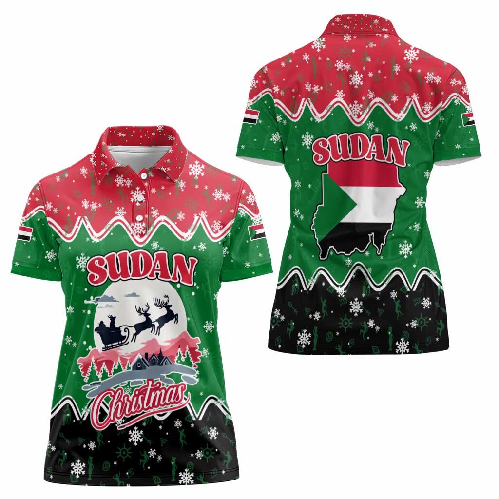 Sudan Christmas Women Polo Shirt with Red Green Black Xmas Santa Sleigh and Map - Wonder Print Shop