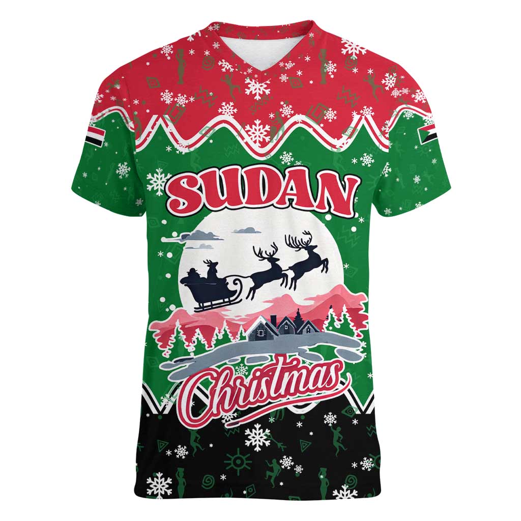 Sudan Christmas Women V-Neck T-Shirt with Red Green Black Xmas Santa Sleigh and Map - Wonder Print Shop