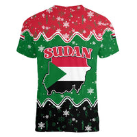 Sudan Christmas Women V-Neck T-Shirt with Red Green Black Xmas Santa Sleigh and Map - Wonder Print Shop
