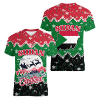 Sudan Christmas Women V-Neck T-Shirt with Red Green Black Xmas Santa Sleigh and Map - Wonder Print Shop