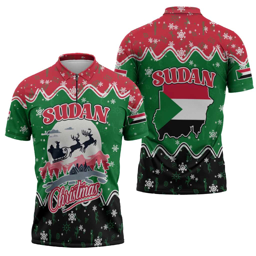 Sudan Christmas Zipper Polo Shirt with Red Green Black Xmas Santa Sleigh and Map - Wonder Print Shop