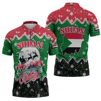 Sudan Christmas Zipper Polo Shirt with Red Green Black Xmas Santa Sleigh and Map - Wonder Print Shop