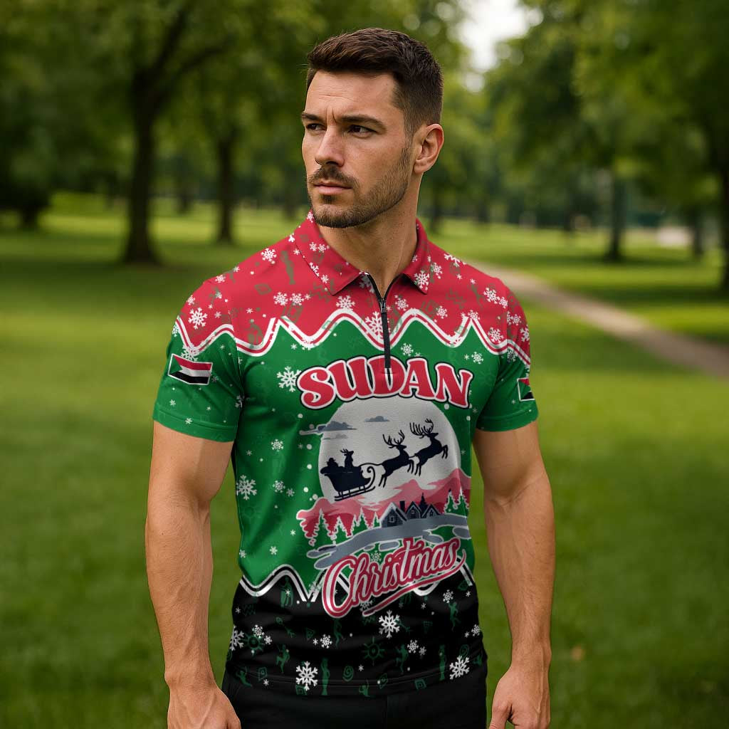 Sudan Christmas Zipper Polo Shirt with Red Green Black Xmas Santa Sleigh and Map - Wonder Print Shop
