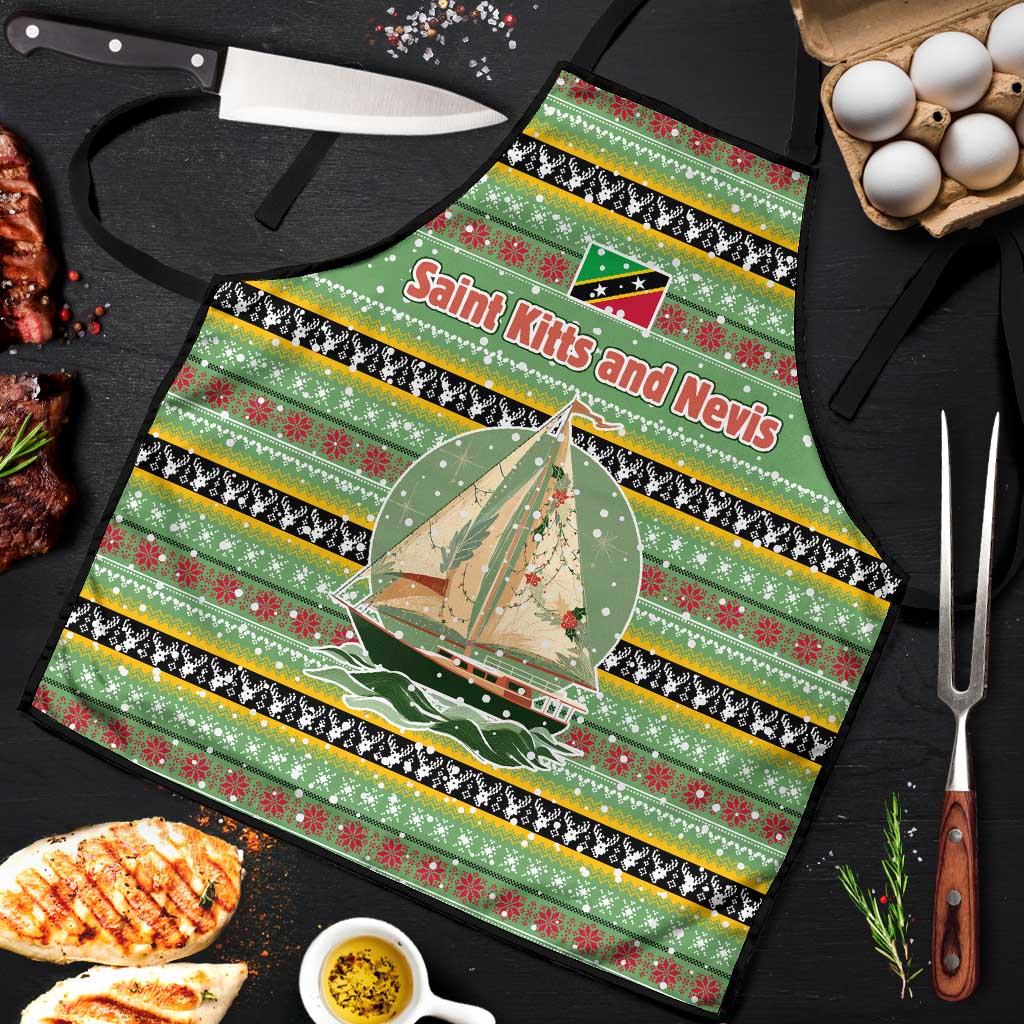 Saint Kitts and Nevis Christmas Apron with Green Red Black Xmas Sailboat and Map - Wonder Print Shop