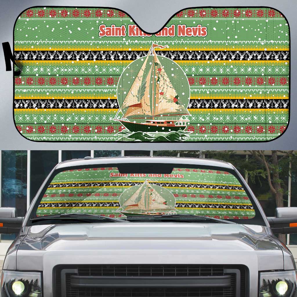 Saint Kitts and Nevis Christmas Auto Sun Shade with Green Red Black Xmas Sailboat and Map - Wonder Print Shop