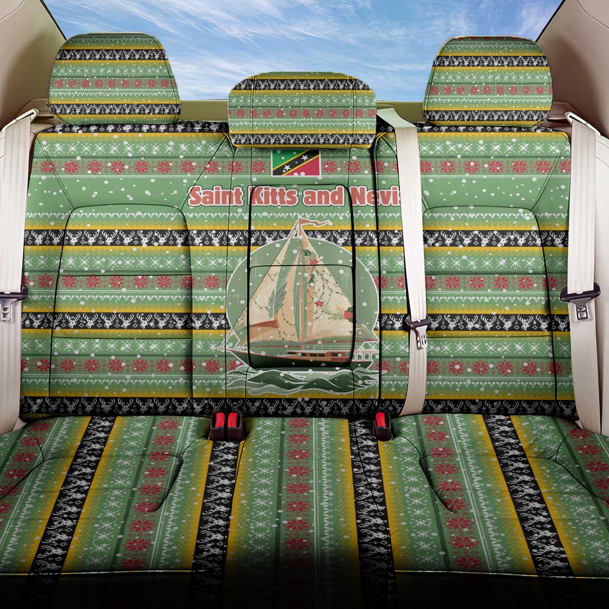 Saint Kitts and Nevis Christmas Back Car Seat Cover with Green Red Black Xmas Sailboat and Map - Wonder Print Shop