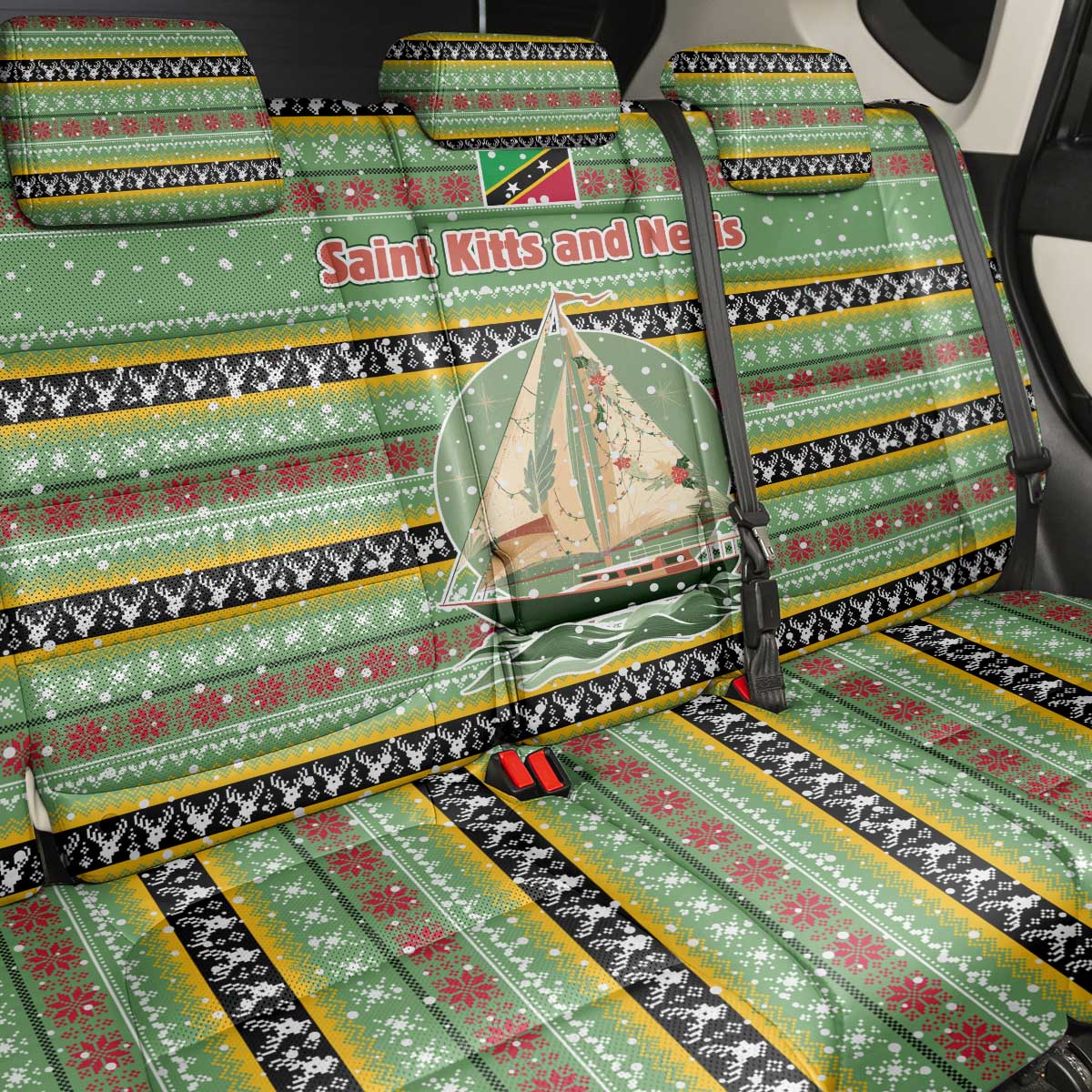 Saint Kitts and Nevis Christmas Back Car Seat Cover with Green Red Black Xmas Sailboat and Map - Wonder Print Shop