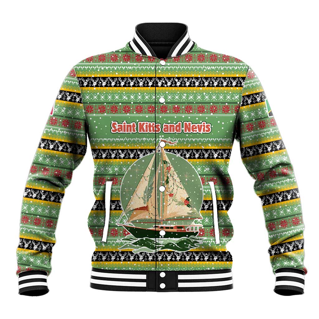 Saint Kitts and Nevis Christmas Baseball Jacket with Green Red Black Xmas Sailboat and Map - Wonder Print Shop