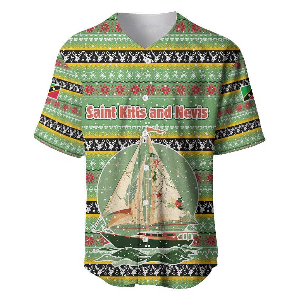 Saint Kitts and Nevis Christmas Baseball Jersey with Green Red Black Xmas Sailboat and Map - Wonder Print Shop
