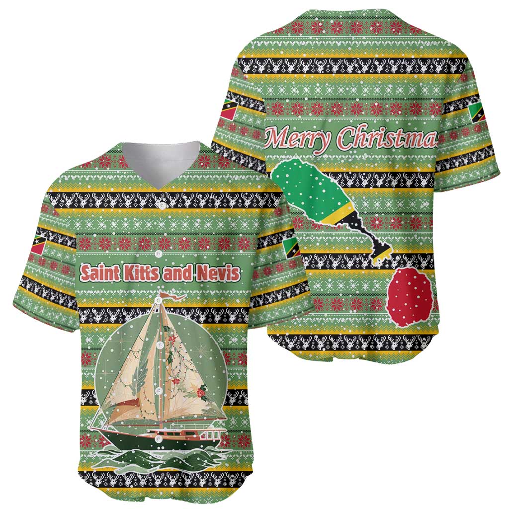 Saint Kitts and Nevis Christmas Baseball Jersey with Green Red Black Xmas Sailboat and Map - Wonder Print Shop
