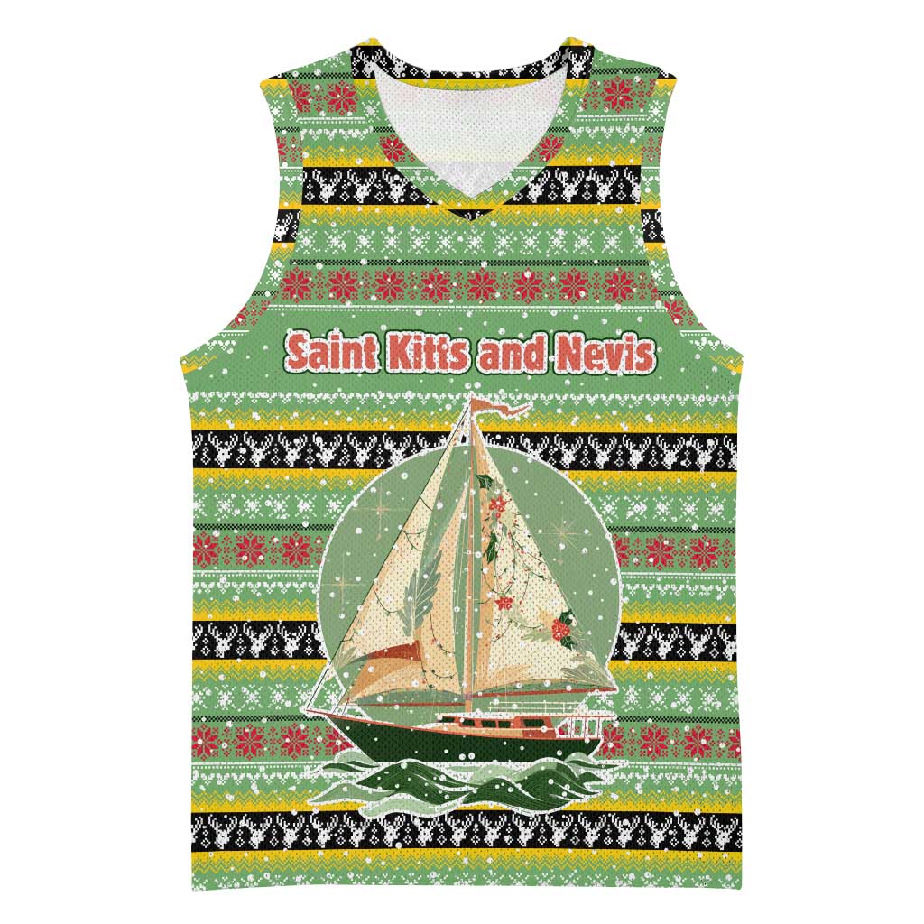 Saint Kitts and Nevis Christmas Basketball Jersey with Green Red Black Xmas Sailboat and Map - Wonder Print Shop