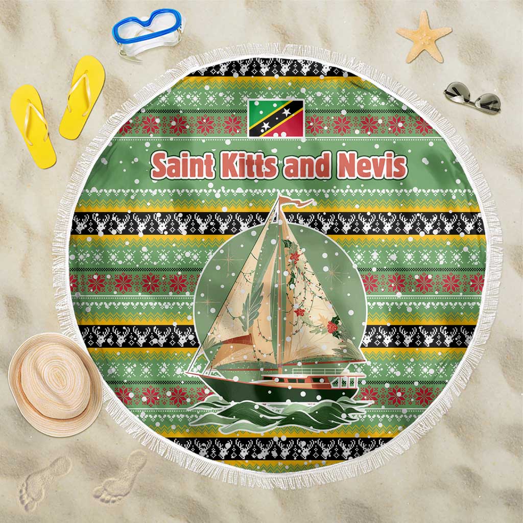 Saint Kitts and Nevis Christmas Beach Blanket with Green Red Black Xmas Sailboat and Map - Wonder Print Shop