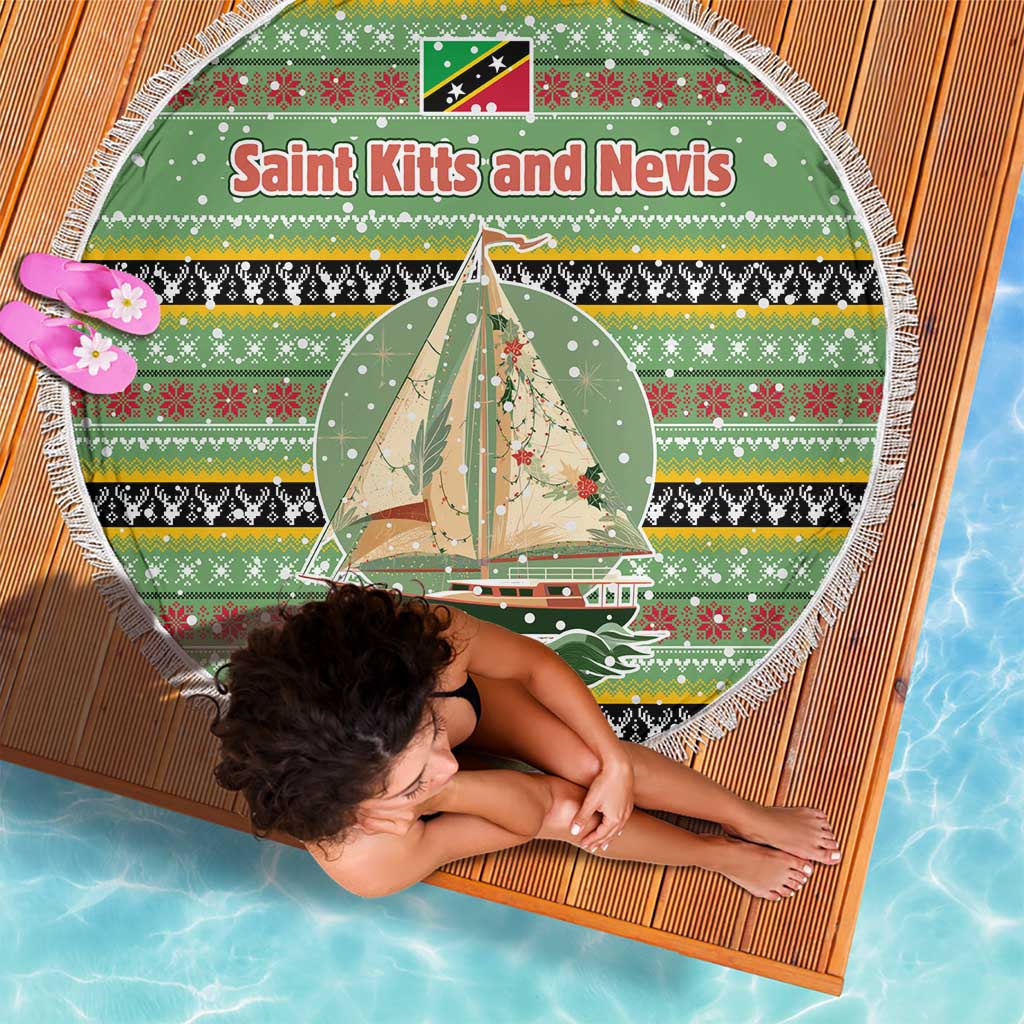 Saint Kitts and Nevis Christmas Beach Blanket with Green Red Black Xmas Sailboat and Map - Wonder Print Shop