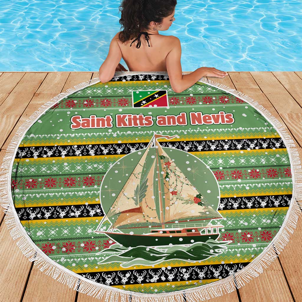 Saint Kitts and Nevis Christmas Beach Blanket with Green Red Black Xmas Sailboat and Map - Wonder Print Shop