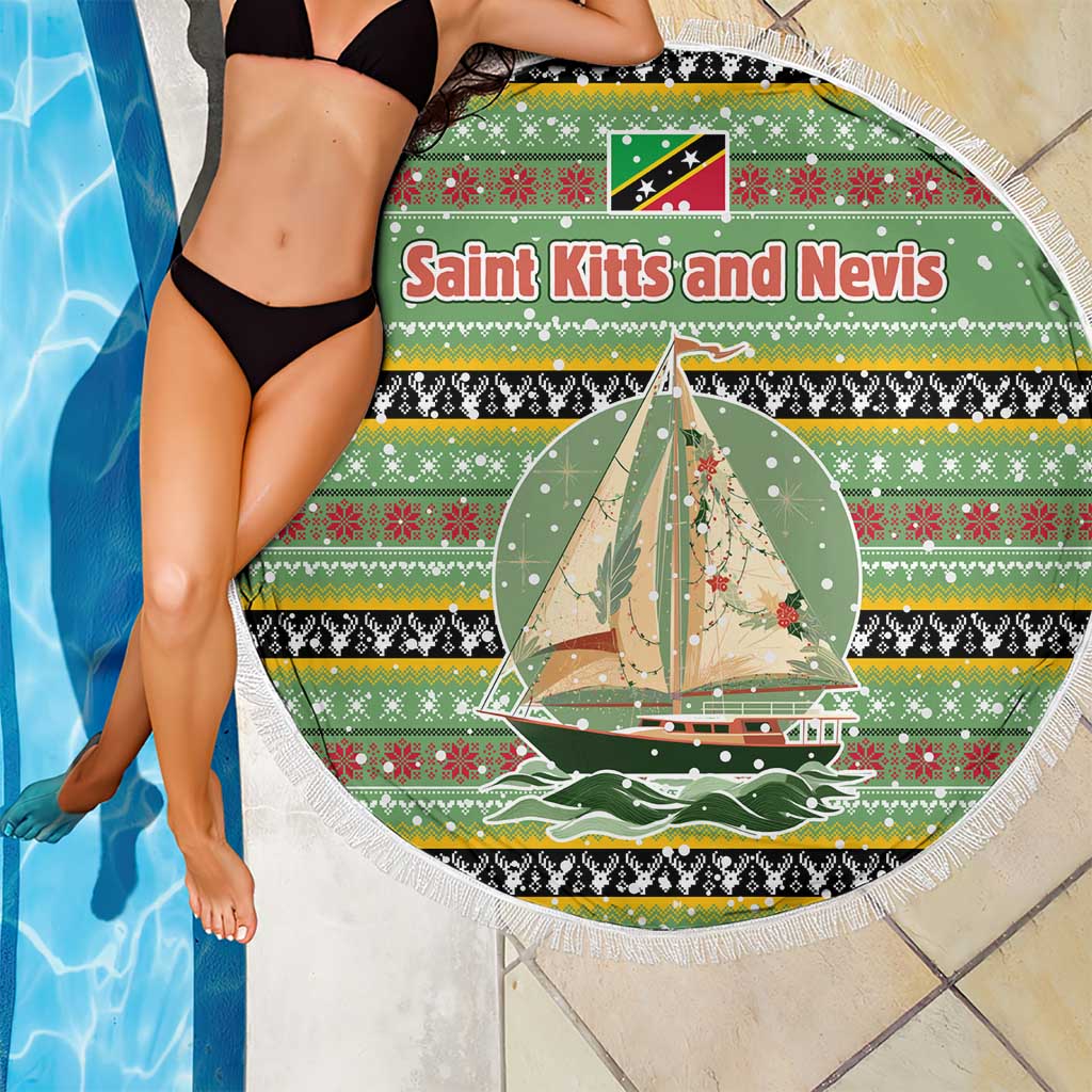 Saint Kitts and Nevis Christmas Beach Blanket with Green Red Black Xmas Sailboat and Map - Wonder Print Shop