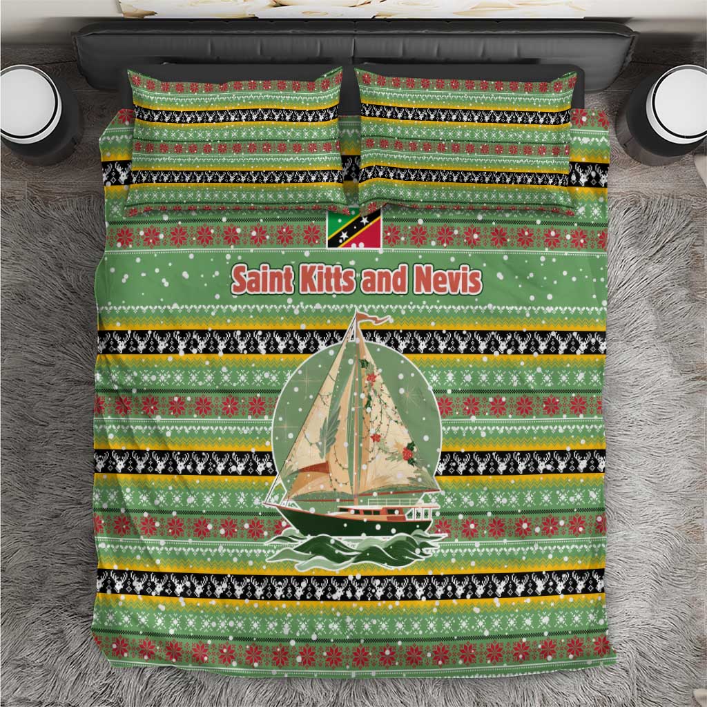 Saint Kitts and Nevis Christmas Bedding Set with Green Red Black Xmas Sailboat and Map - Wonder Print Shop