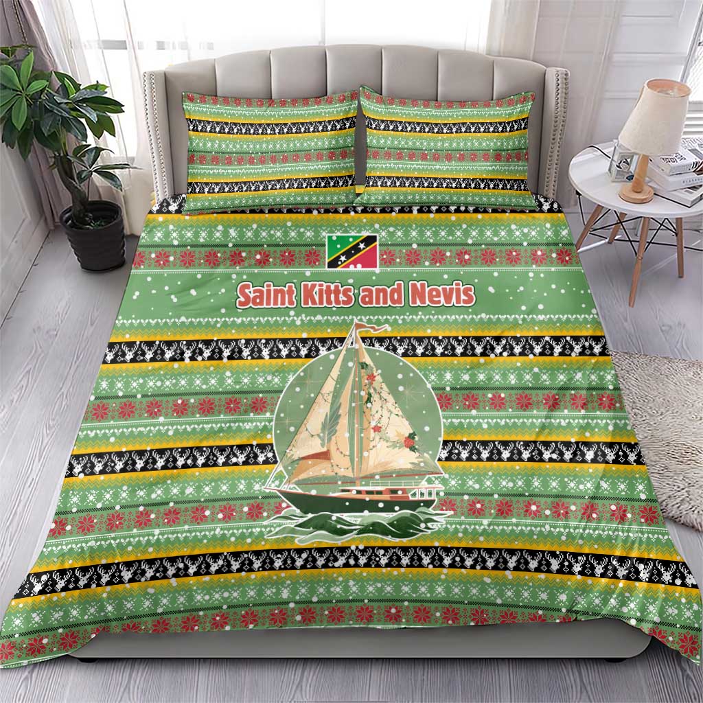 Saint Kitts and Nevis Christmas Bedding Set with Green Red Black Xmas Sailboat and Map - Wonder Print Shop
