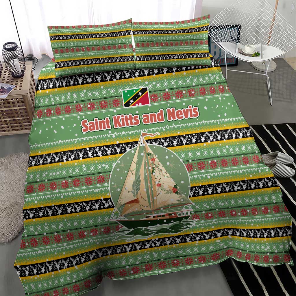 Saint Kitts and Nevis Christmas Bedding Set with Green Red Black Xmas Sailboat and Map - Wonder Print Shop