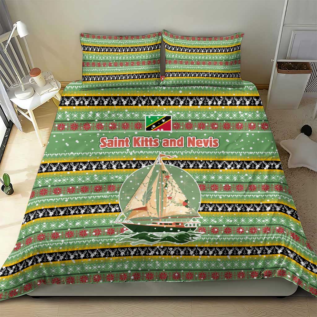 Saint Kitts and Nevis Christmas Bedding Set with Green Red Black Xmas Sailboat and Map - Wonder Print Shop