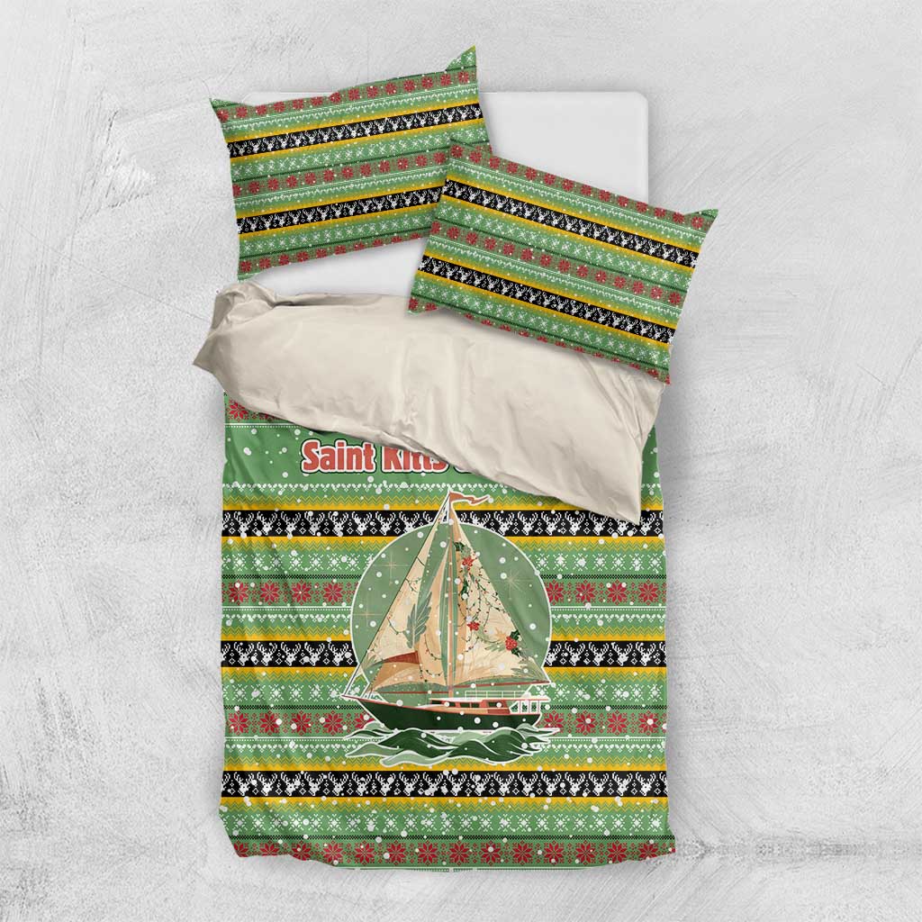 Saint Kitts and Nevis Christmas Bedding Set with Green Red Black Xmas Sailboat and Map - Wonder Print Shop
