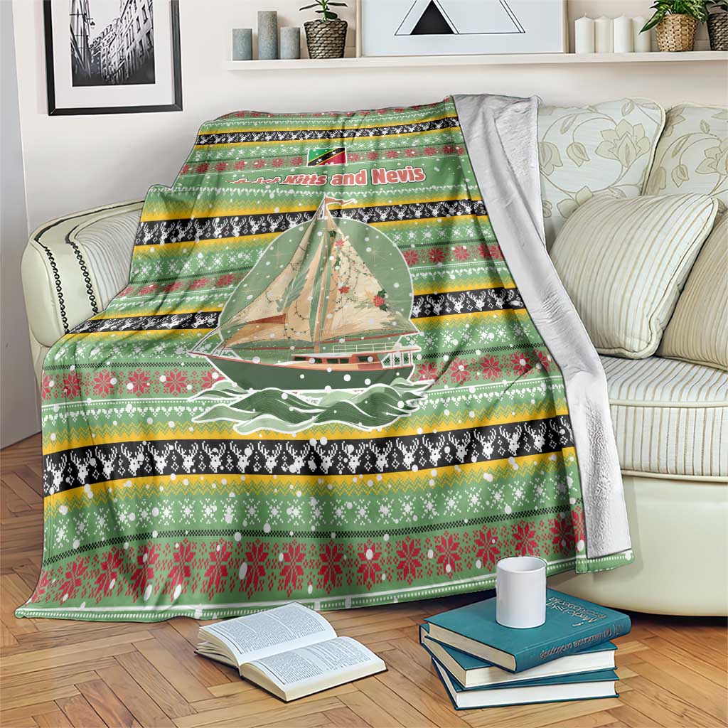 Saint Kitts and Nevis Christmas Blanket with Green Red Black Xmas Sailboat and Map - Wonder Print Shop