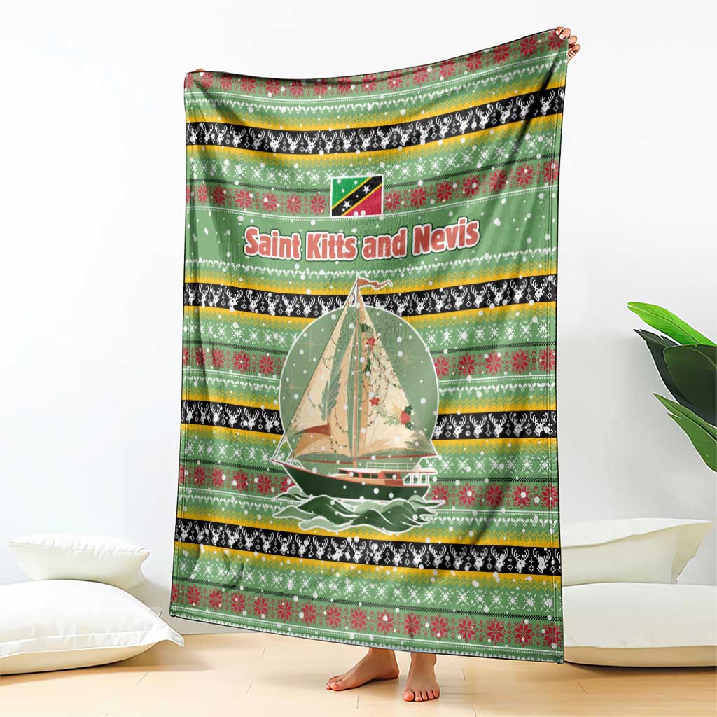 Saint Kitts and Nevis Christmas Blanket with Green Red Black Xmas Sailboat and Map - Wonder Print Shop