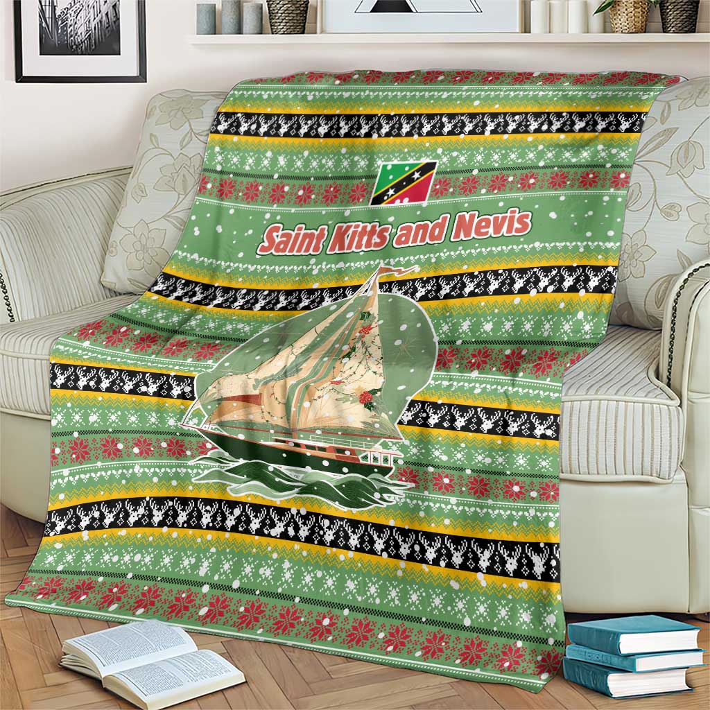 Saint Kitts and Nevis Christmas Blanket with Green Red Black Xmas Sailboat and Map - Wonder Print Shop