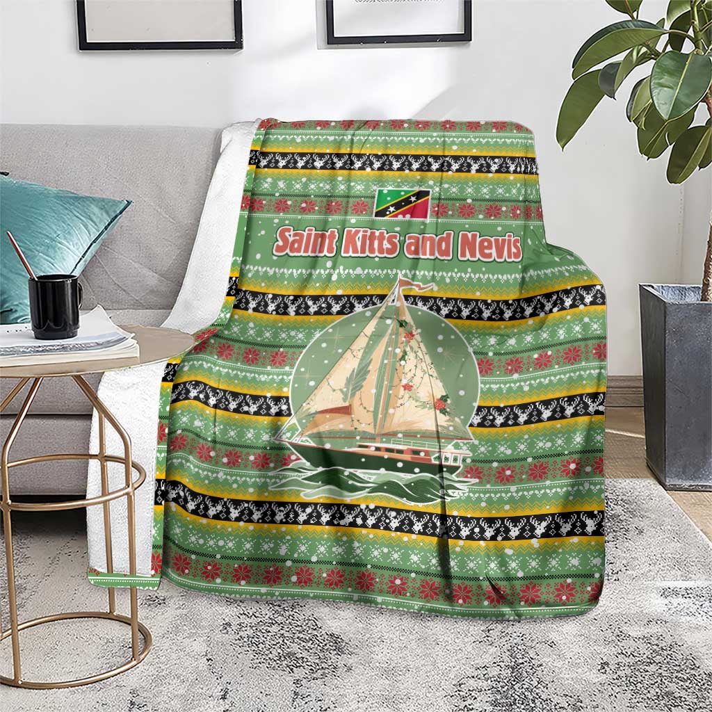 Saint Kitts and Nevis Christmas Blanket with Green Red Black Xmas Sailboat and Map - Wonder Print Shop