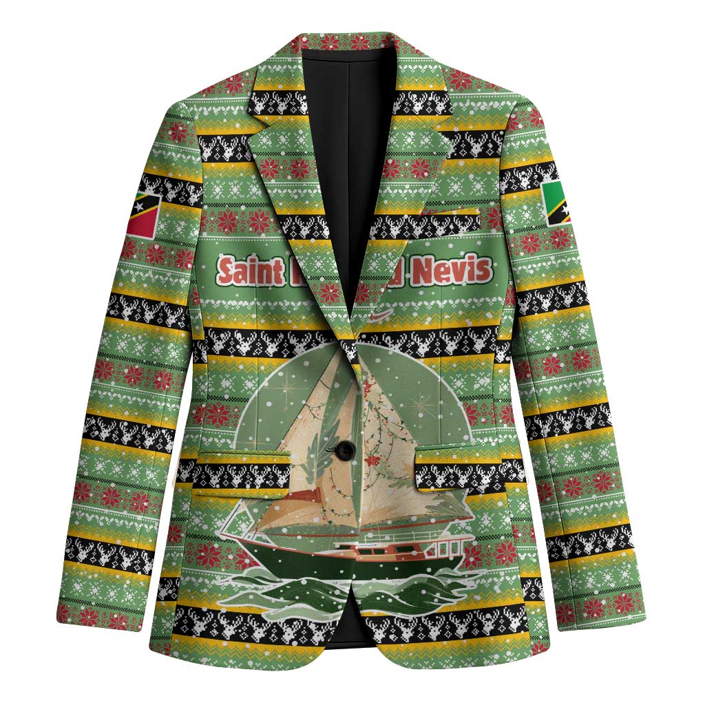 Saint Kitts and Nevis Christmas Blazer with Green Red Black Xmas Sailboat and Map - Wonder Print Shop