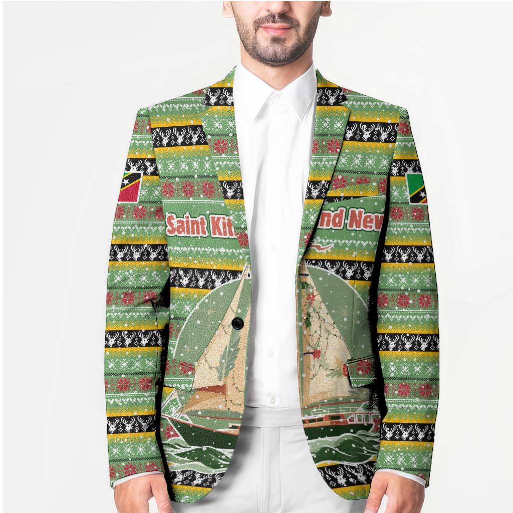 Saint Kitts and Nevis Christmas Blazer with Green Red Black Xmas Sailboat and Map - Wonder Print Shop