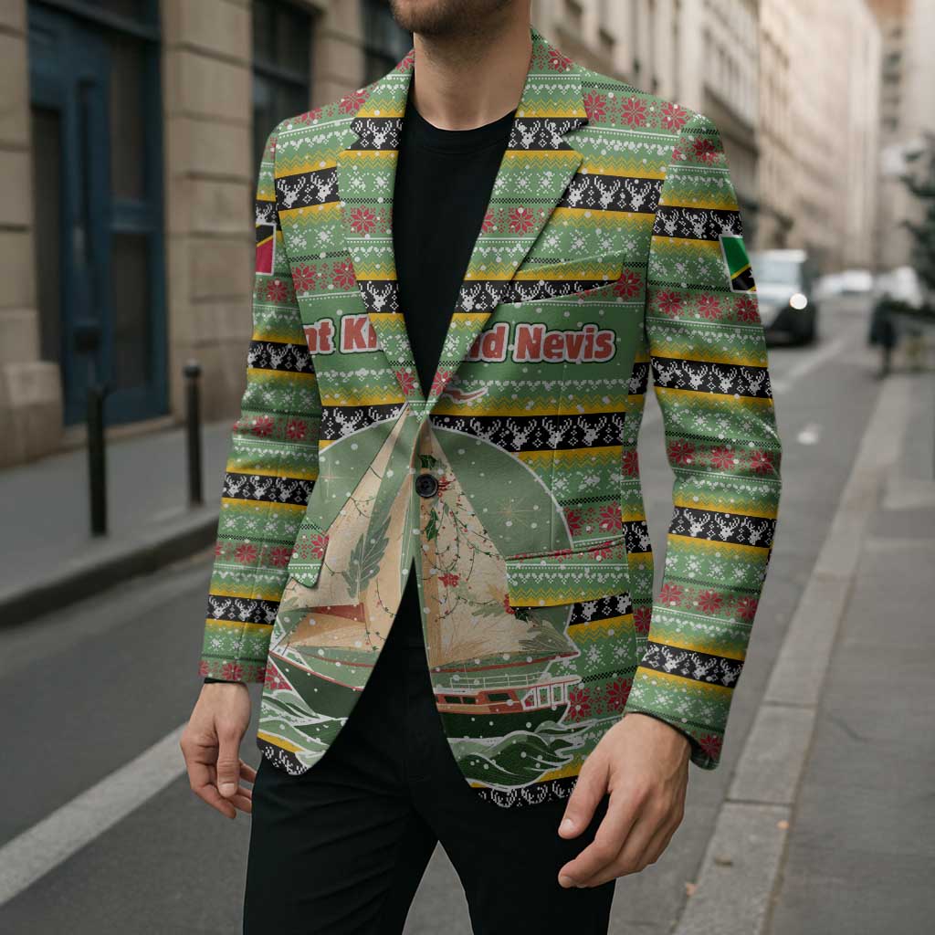 Saint Kitts and Nevis Christmas Blazer with Green Red Black Xmas Sailboat and Map - Wonder Print Shop