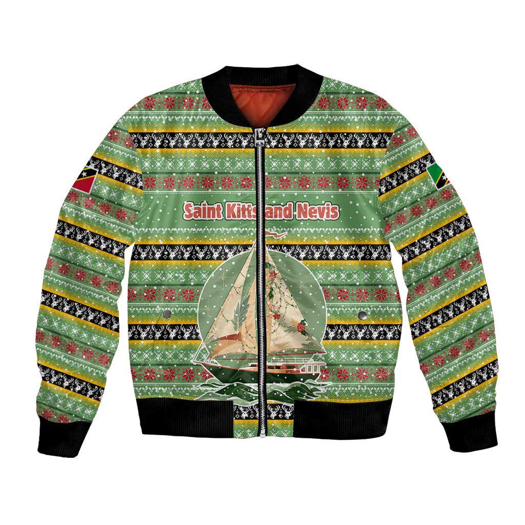 Saint Kitts and Nevis Christmas Bomber Jacket with Green Red Black Xmas Sailboat and Map - Wonder Print Shop
