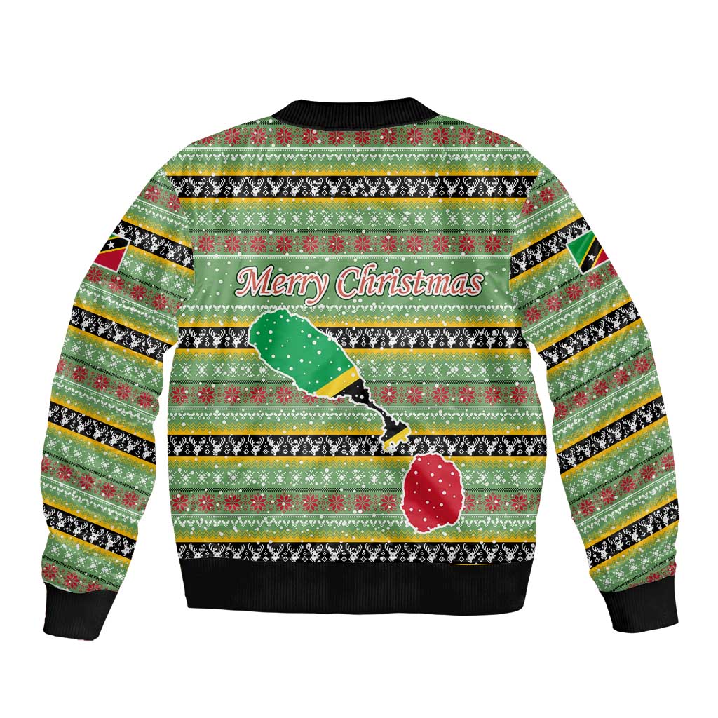 Saint Kitts and Nevis Christmas Bomber Jacket with Green Red Black Xmas Sailboat and Map - Wonder Print Shop