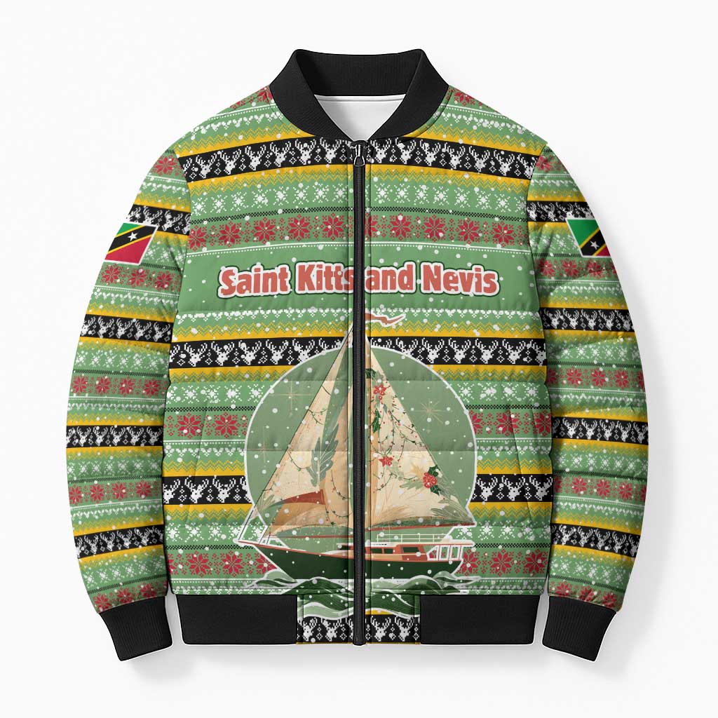 Saint Kitts and Nevis Christmas Bomber Puffer Jacket with Green Red Black Xmas Sailboat and Map - Wonder Print Shop