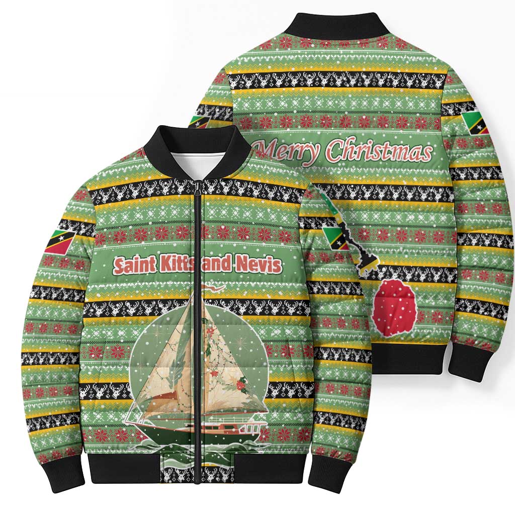 Saint Kitts and Nevis Christmas Bomber Puffer Jacket with Green Red Black Xmas Sailboat and Map - Wonder Print Shop