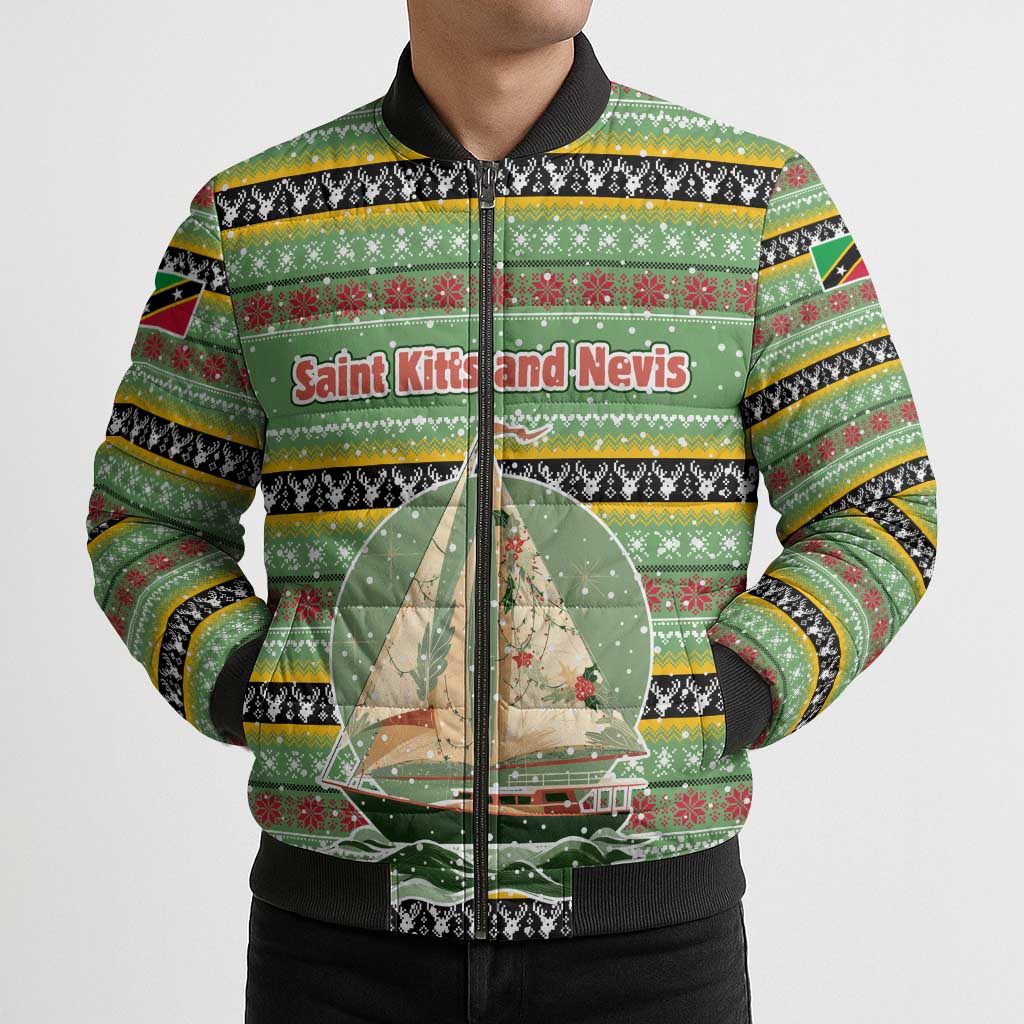 Saint Kitts and Nevis Christmas Bomber Puffer Jacket with Green Red Black Xmas Sailboat and Map - Wonder Print Shop