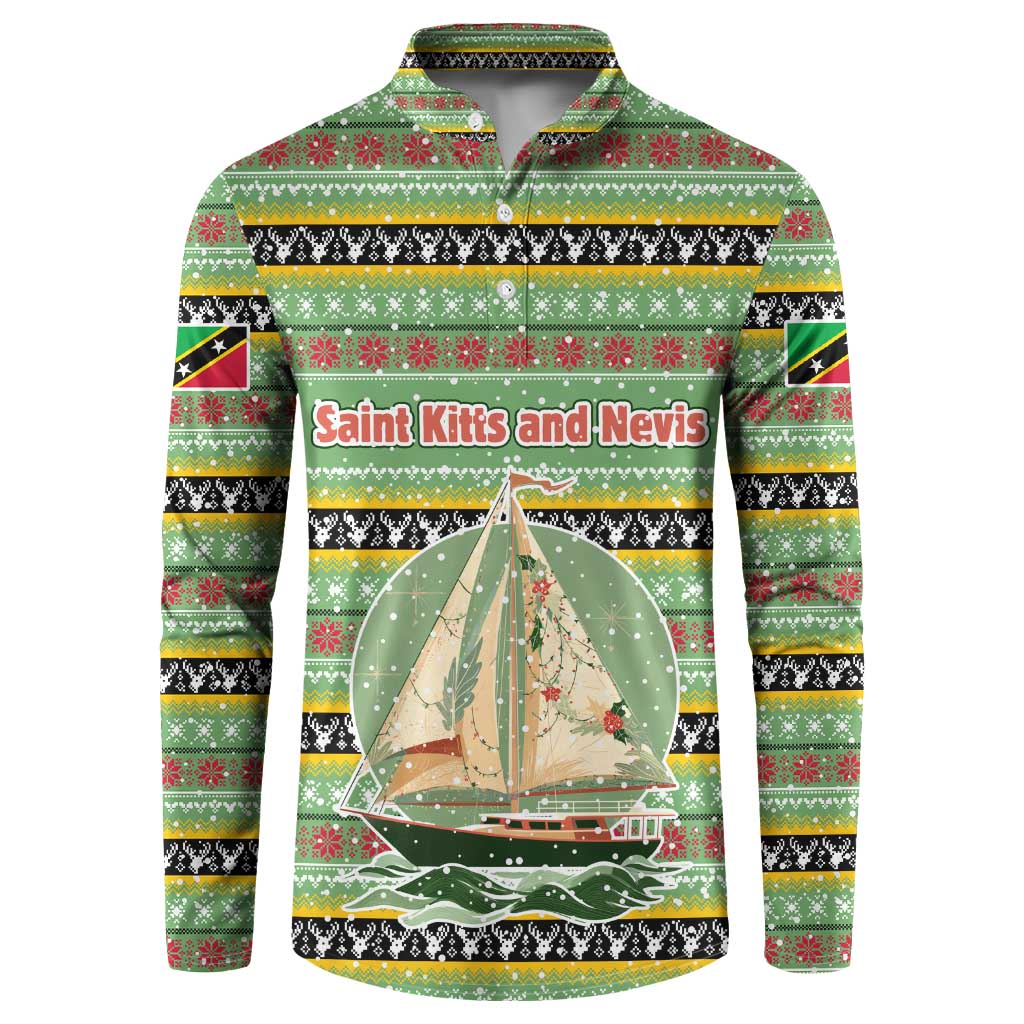 Saint Kitts and Nevis Christmas Button Sweatshirt with Green Red Black Xmas Sailboat and Map - Wonder Print Shop