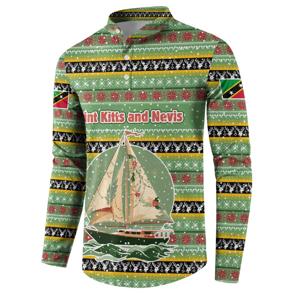 Saint Kitts and Nevis Christmas Button Sweatshirt with Green Red Black Xmas Sailboat and Map - Wonder Print Shop