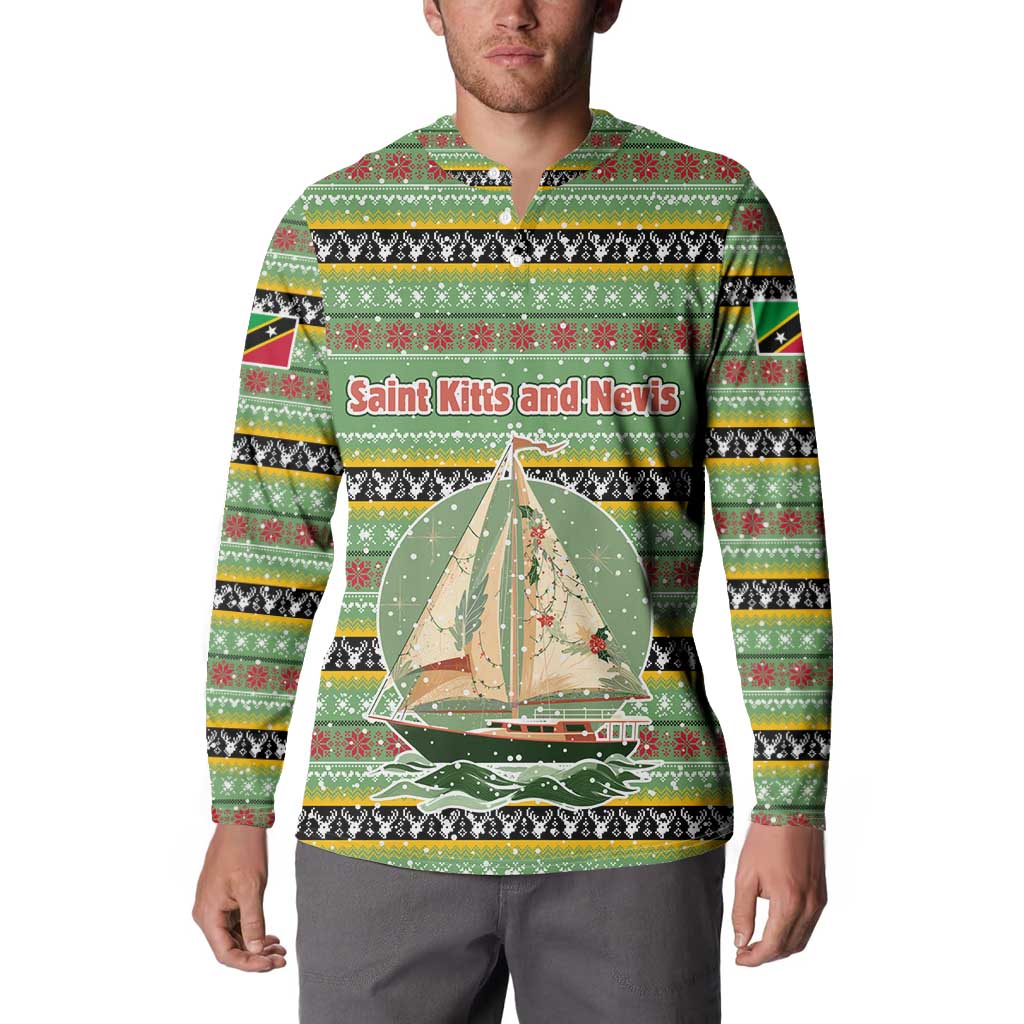 Saint Kitts and Nevis Christmas Button Sweatshirt with Green Red Black Xmas Sailboat and Map - Wonder Print Shop