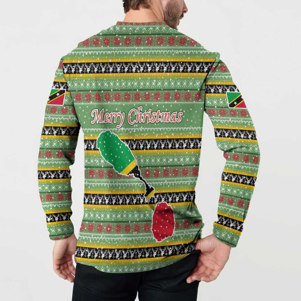 Saint Kitts and Nevis Christmas Button Sweatshirt with Green Red Black Xmas Sailboat and Map - Wonder Print Shop