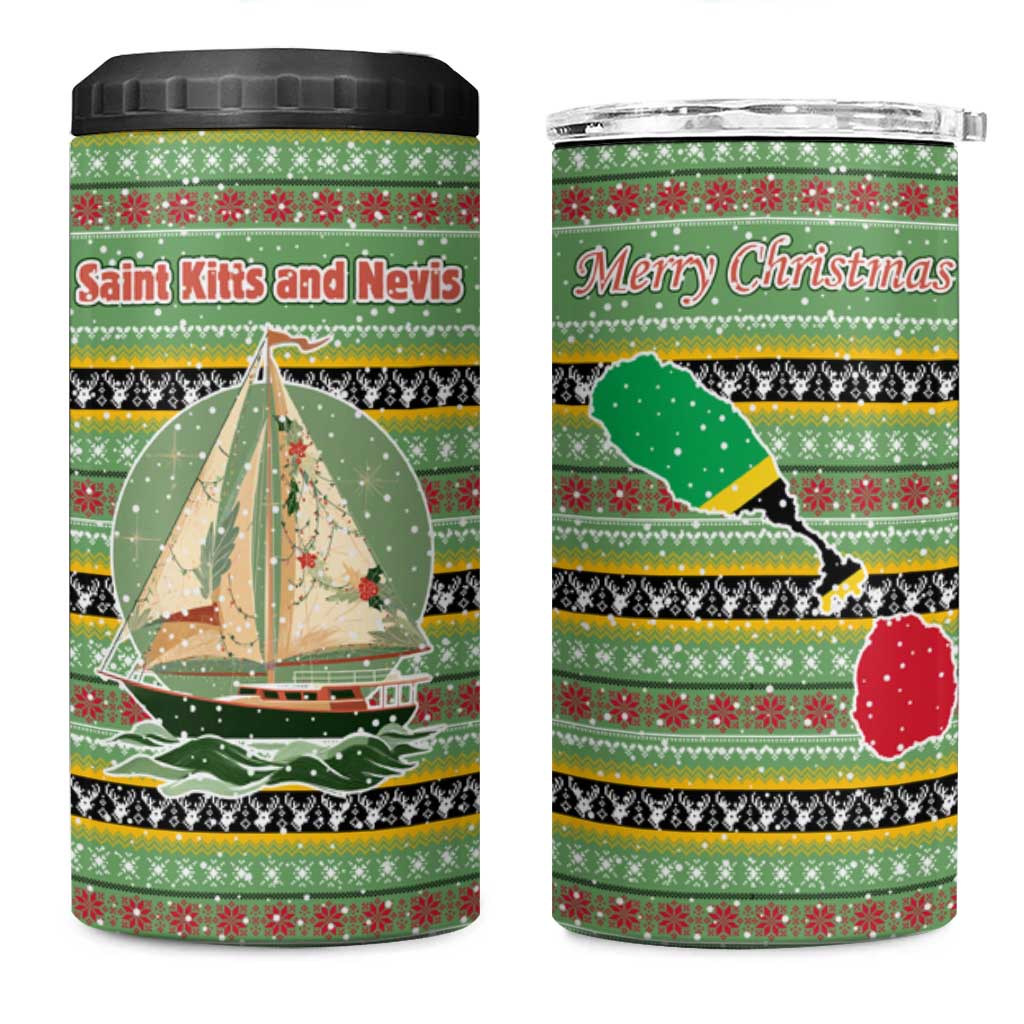 Saint Kitts and Nevis Christmas 4 in 1 Can Cooler Tumbler with Green Red Black Xmas Sailboat and Map - Wonder Print Shop