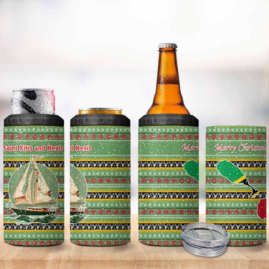 Saint Kitts and Nevis Christmas 4 in 1 Can Cooler Tumbler with Green Red Black Xmas Sailboat and Map - Wonder Print Shop