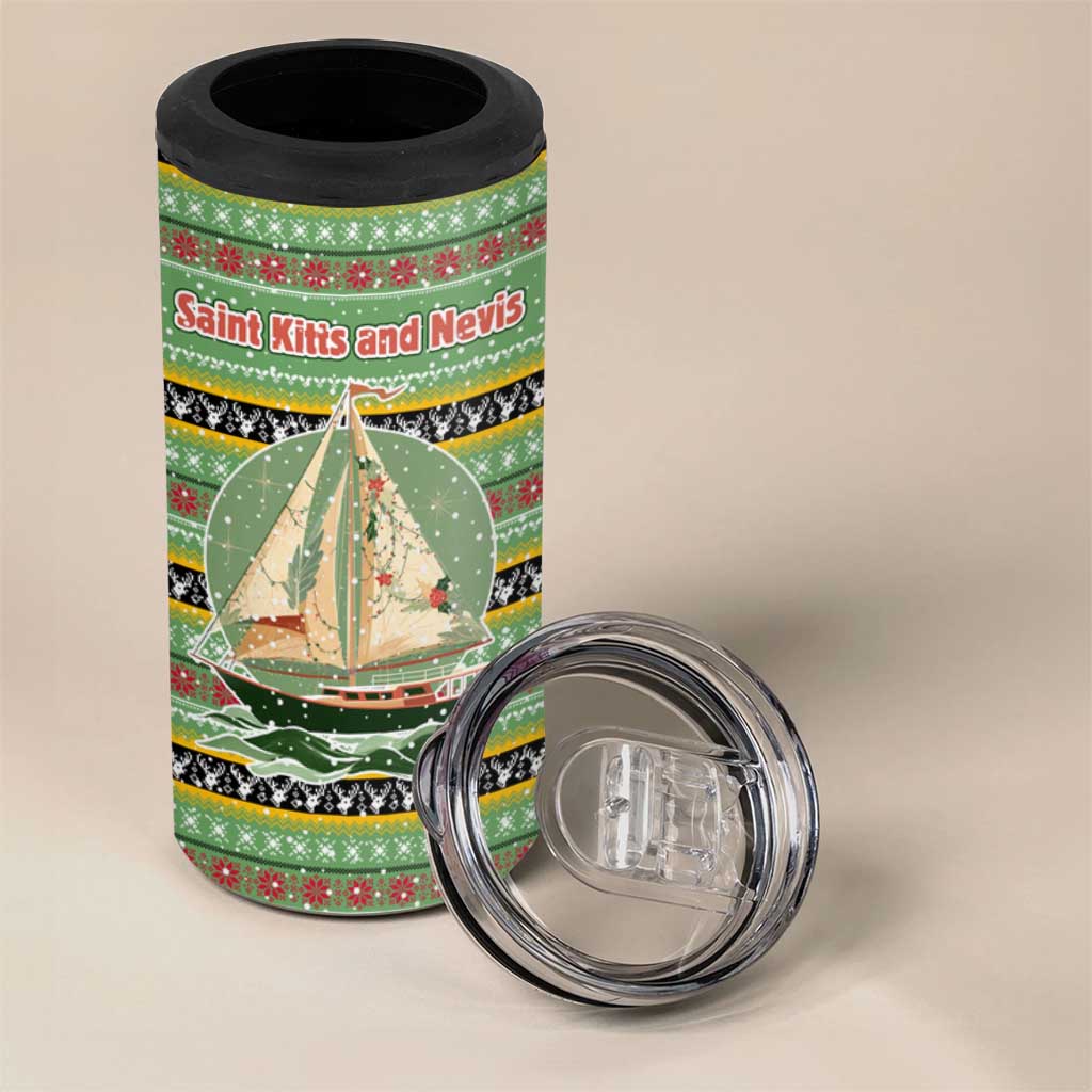 Saint Kitts and Nevis Christmas 4 in 1 Can Cooler Tumbler with Green Red Black Xmas Sailboat and Map - Wonder Print Shop