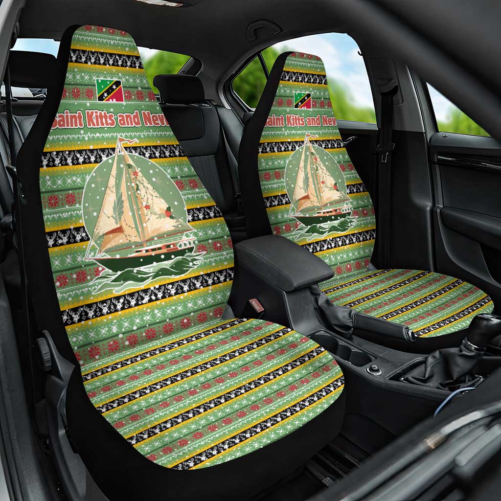 Saint Kitts and Nevis Christmas Car Seat Cover with Green Red Black Xmas Sailboat and Map - Wonder Print Shop
